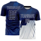Custom Navy Blue-White Geometric Diagonal Block Halftone Grid Sublimation Soccer Uniform Jersey