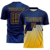 Custom Navy Blue-Gold Geometric Diagonal Block Halftone Grid Sublimation Soccer Uniform Jersey