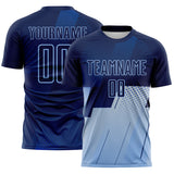 Custom Navy Blue-Light Blue Geometric Diagonal Block Halftone Grid Sublimation Soccer Uniform Jersey