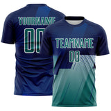 Custom Navy Teal Blue-White Geometric Diagonal Block Halftone Grid Sublimation Soccer Uniform Jersey