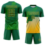 Custom Kelly Green-Gold Geometric Diagonal Block Halftone Grid Sublimation Soccer Uniform Jersey