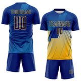 Custom Royal Blue-Gold Geometric Diagonal Block Halftone Grid Sublimation Soccer Uniform Jersey