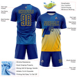 Custom Royal Blue-Gold Geometric Diagonal Block Halftone Grid Sublimation Soccer Uniform Jersey