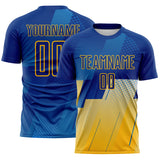 Custom Royal Blue-Gold Geometric Diagonal Block Halftone Grid Sublimation Soccer Uniform Jersey