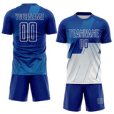 Custom Royal Blue-White Geometric Diagonal Block Halftone Grid Sublimation Soccer Uniform Jersey
