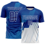 Custom Royal Blue-White Geometric Diagonal Block Halftone Grid Sublimation Soccer Uniform Jersey