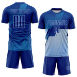 Custom Royal Blue-Light Blue Geometric Diagonal Block Halftone Grid Sublimation Soccer Uniform Jersey
