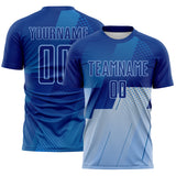 Custom Royal Blue-Light Blue Geometric Diagonal Block Halftone Grid Sublimation Soccer Uniform Jersey