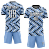 Custom Light Blue White-Black Geometric Chevron Halftone Dot Sublimation Soccer Uniform Jersey