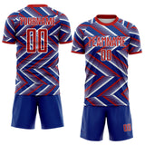 Custom Royal Red-White Geometric Chevron Halftone Dot Sublimation Soccer Uniform Jersey