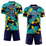 Custom Navy Aqua Yellow-White Brush Stroke Splatter Australia Style Sublimation Soccer Uniform Jersey