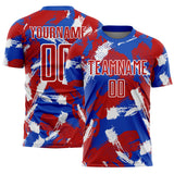 Custom Thunder Blue Red-White Brush Stroke Splatter Sublimation Soccer Uniform Jersey