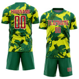 Custom Kelly Green Red Neon Yellow-White Brush Stroke Splatter Australia Style Sublimation Soccer Uniform Jersey