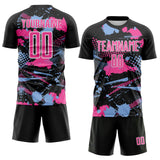 Custom Black Pink Light Blue-White Paint Splatter Halftone Dot Sublimation Soccer Uniform Jersey