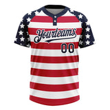 Custom White Navy-Red 3D American Flag Fashion Two-Button Unisex Softball Jersey