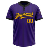 Custom Purple Black Pinstripe Gold Two-Button Unisex Softball Jersey