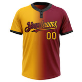 Custom Maroon Gold-Black Gradient Fashion Two-Button Unisex Softball Jersey