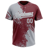 Custom Gray Burgundy-White 3D Pattern Abstract Brush Stroke Two-Button Unisex Softball Jersey