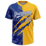 Custom Graffiti Pattern White Gold-Royal 3D Scratch Two-Button Unisex Softball Jersey