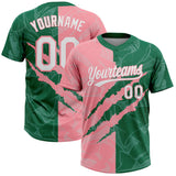 Custom Graffiti Pattern White Kelly Green-Medium Pink 3D Scratch Two-Button Unisex Softball Jersey