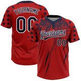 Custom Red Navy-White Distressed Scratch Brush Stroke Star Raglan Sleeves Two-Button Unisex Softball Jersey