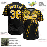 Custom Black Yellow-White Distressed Scratch Brush Stroke Star Raglan Sleeves Two-Button Unisex Softball Jersey