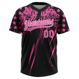 Custom Black Pink-White Distressed Scratch Brush Stroke Star Raglan Sleeves Two-Button Unisex Softball Jersey