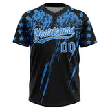 Custom Black Electric Blue-White Distressed Scratch Brush Stroke Star Raglan Sleeves Two-Button Unisex Softball Jersey