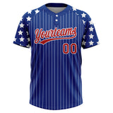 Custom Royal White Pinstripe Red Star Raglan Sleeves Two-Button Unisex Softball Jersey