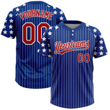 Custom Royal White Pinstripe Red Star Raglan Sleeves Two-Button Unisex Softball Jersey
