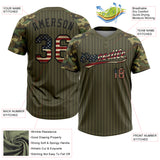Custom Olive Black Pinstripe Vintage USA Flag Salute To Service Camo Raglan Sleeves Two-Button Unisex Softball Jersey