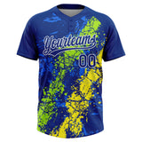 Custom Royal Neon Green Light Yellow-White Dripping Splatter Cracked Texture Two-Button Unisex Softball Jersey