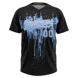 Custom Black Light Blue-White Dripping Splatter Paint Two-Button Unisex Softball Jersey