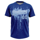 Custom Royal Light Blue-White Dripping Splatter Paint Two-Button Unisex Softball Jersey