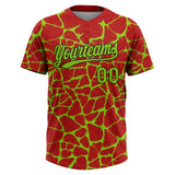 Custom Red Neon Green-Black 3D Pattern Design Abstract Network Crackle Two-Button Unisex Softball Jersey