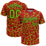 Custom Red Neon Green-Black 3D Pattern Design Abstract Network Crackle Two-Button Unisex Softball Jersey