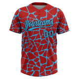 Custom Red Sky Blue-Black 3D Pattern Design Abstract Network Crackle Two-Button Unisex Softball Jersey