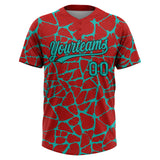 Custom Red Aqua-Black 3D Pattern Design Abstract Network Crackle Two-Button Unisex Softball Jersey