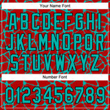 Custom Red Aqua-Black 3D Pattern Design Abstract Network Crackle Two-Button Unisex Softball Jersey