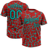 Custom Red Aqua-Black 3D Pattern Design Abstract Network Crackle Two-Button Unisex Softball Jersey