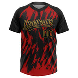 Custom Black Red-Old Gold Splatter Torn Sharp Brush Stroke Two-Button Unisex Softball Jersey