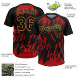 Custom Black Red-Old Gold Splatter Torn Sharp Brush Stroke Two-Button Unisex Softball Jersey