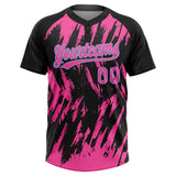 Custom Black Pink-Light Blue Splatter Torn Sharp Brush Stroke Two-Button Unisex Softball Jersey