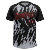 Custom Black Gray-Red Splatter Torn Sharp Brush Stroke Two-Button Unisex Softball Jersey
