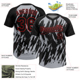 Custom Black Gray-Red Splatter Torn Sharp Brush Stroke Two-Button Unisex Softball Jersey