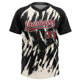 Custom Black Crimson-Cream Splatter Torn Sharp Brush Stroke Two-Button Unisex Softball Jersey