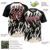 Custom Black Crimson-Cream Splatter Torn Sharp Brush Stroke Two-Button Unisex Softball Jersey