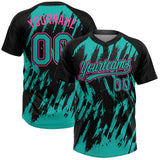 Custom Black Aqua-Pink Splatter Torn Sharp Brush Stroke Two-Button Unisex Softball Jersey