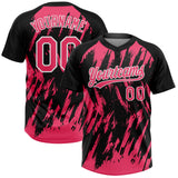 Custom Black Neon Pink-White Splatter Torn Sharp Brush Stroke Two-Button Unisex Softball Jersey