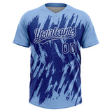 Custom Light Blue Royal-White Splatter Torn Sharp Brush Stroke Two-Button Unisex Softball Jersey
